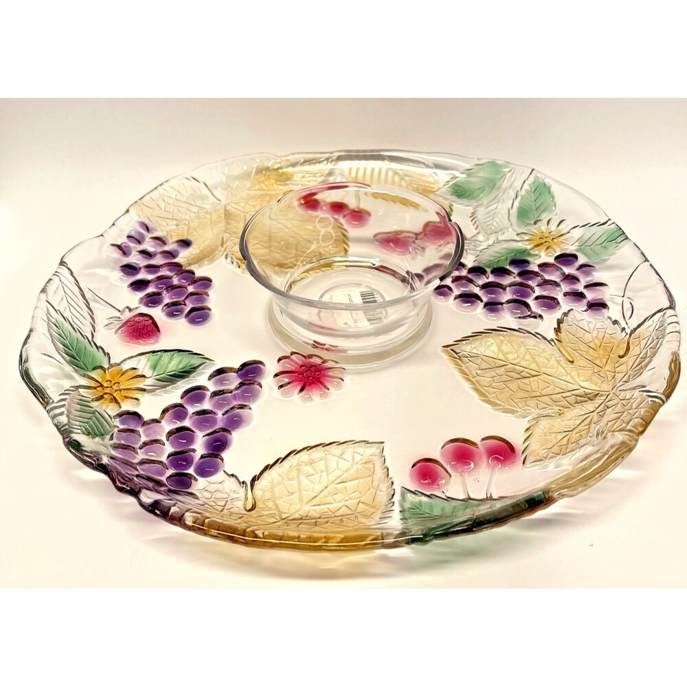 Vintage Mikasa Chablis Grape Leaf Glass Chip And Dip 15” Set w/ Bowl - NIB